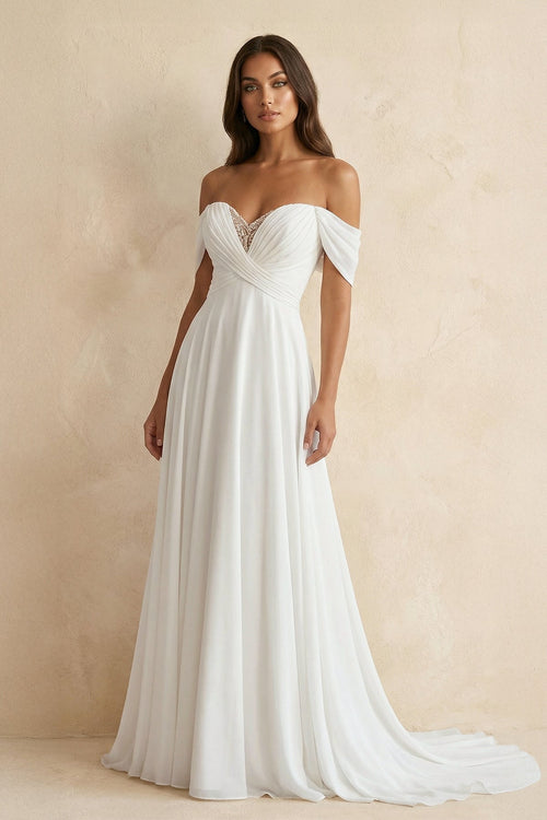 Off The Shoulder A Line Chiffon Wedding Dress in White - KissProm Wedding Dresses
