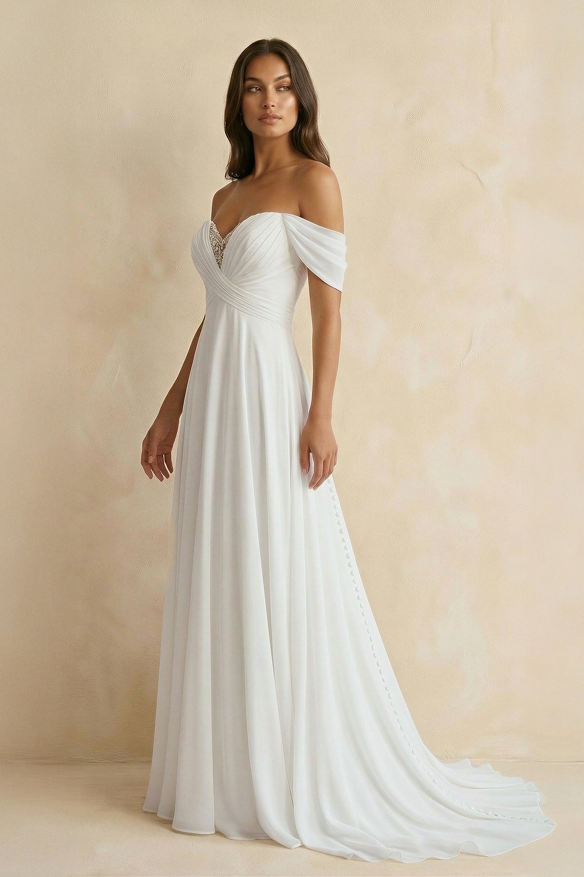 KissProm A-Line Chiffon Sleeveless Off-the-Shoulder Wedding Dress with Ruching Floor Length, Diamond White / 4