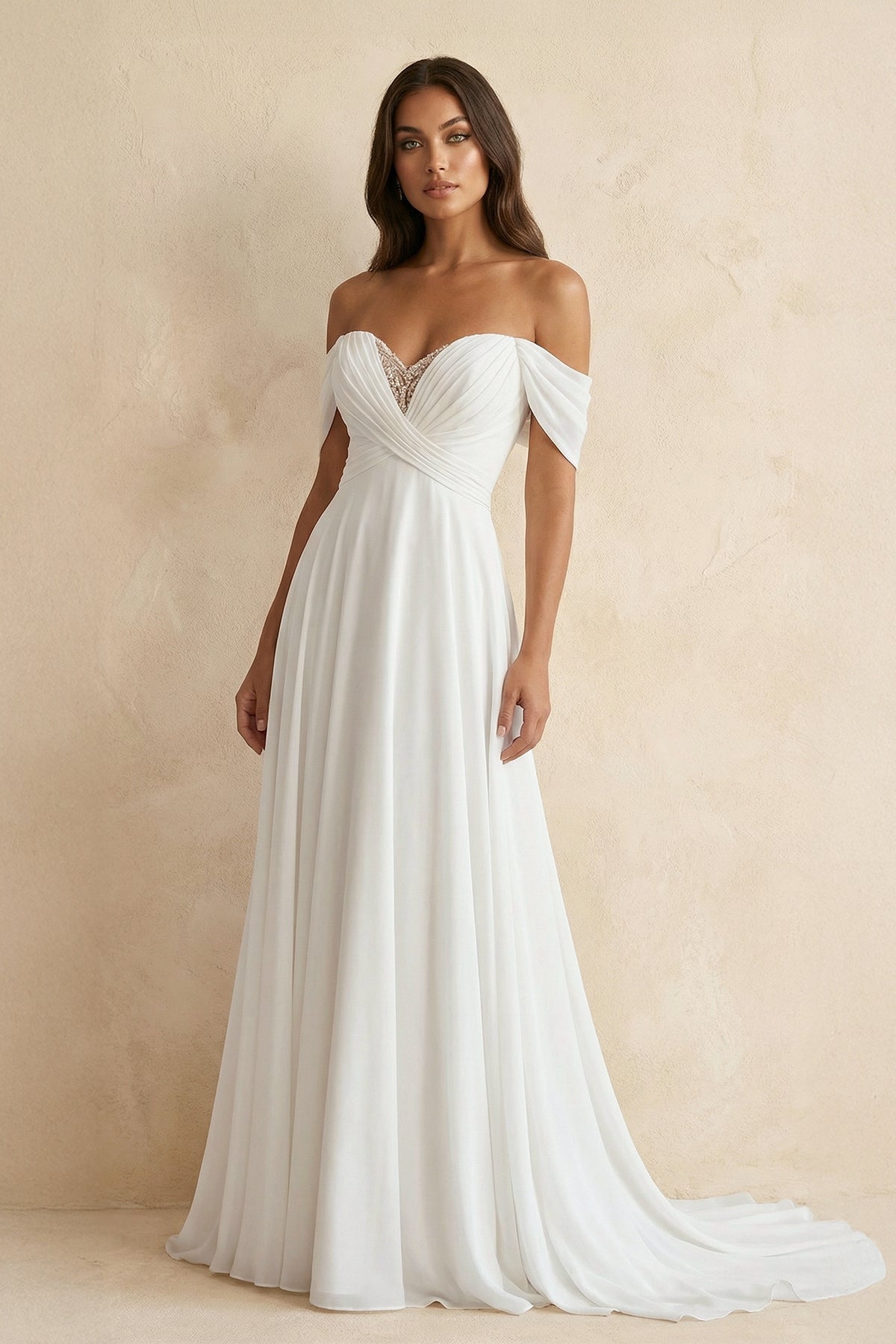 ruching wedding dress KissProm A-Line Chiffon Sleeveless Off-the-Shoulder with Floor Length, Diamond White / 4 while the sleeveless design Black Tie Optional Wedding smarttag_reaction_kenneth_cole Size:46 (117cm)