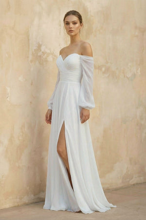 Off The Shoulder A Line Chiffon Wedding Dress With Slit - KissProm Wedding Dresses