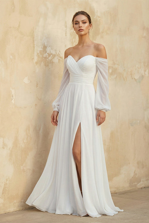 KissProm Off The Shoulder A Line Chiffon Wedding Dress With Slit, White / 4