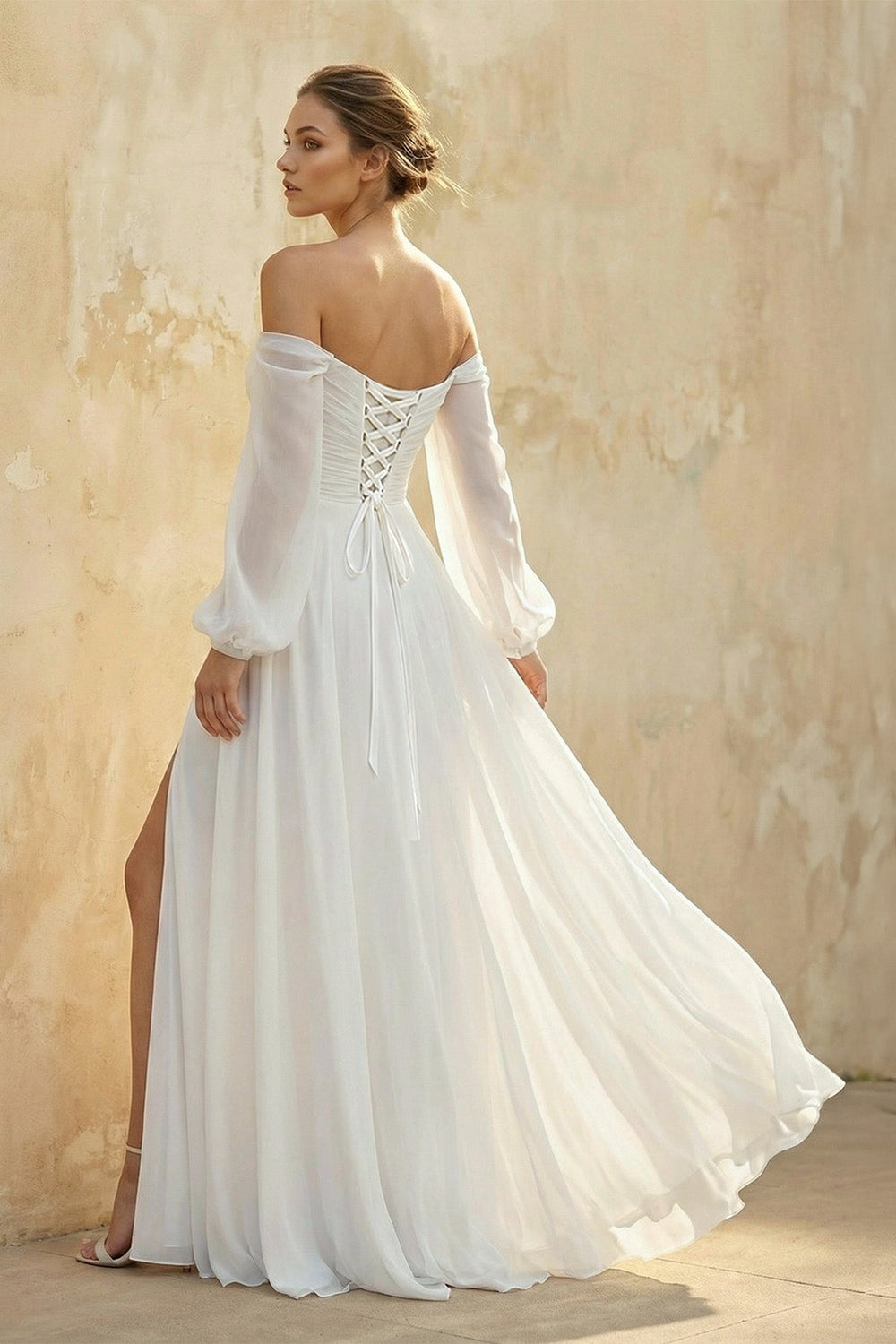 Off The Shoulder A Line Chiffon Wedding Dress With Slit - KissProm Wedding Dresses