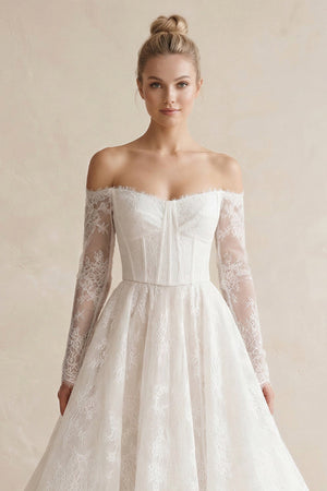 Off - the - Shoulder A - Line Lace Appliqued Wedding Dress in White - KissProm Wedding Dresses