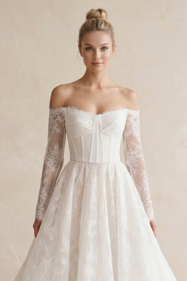 Off - the - Shoulder A - Line Lace Appliqued Wedding Dress in White - KissProm Wedding Dresses