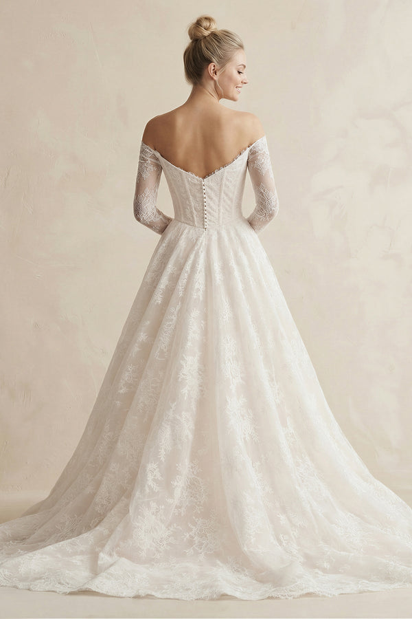 Off - the - Shoulder A - Line Lace Appliqued Wedding Dress in White - KissProm Wedding Dresses