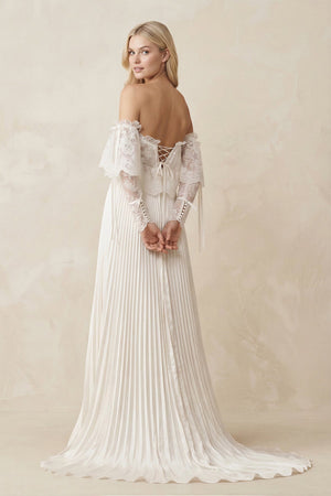 Off - the - Shoulder A - Line Pleated Appliqued Wedding Dress with Bow in Ivory - KissProm Wedding Dresses