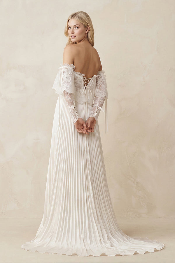 Off - the - Shoulder A - Line Pleated Appliqued Wedding Dress with Bow in Ivory - KissProm Wedding Dresses