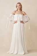 Off - the - Shoulder A - Line Pleated Appliqued Wedding Dress with Bow in Ivory - KissProm Wedding Dresses