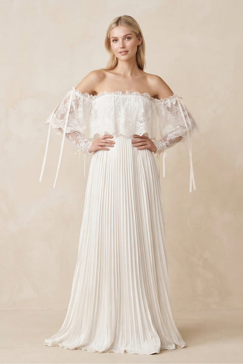 Off - the - Shoulder A - Line Pleated Appliqued Wedding Dress with Bow in Ivory - KissProm Wedding Dresses