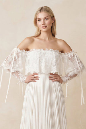 Off - the - Shoulder A - Line Pleated Appliqued Wedding Dress with Bow in Ivory - KissProm Wedding Dresses