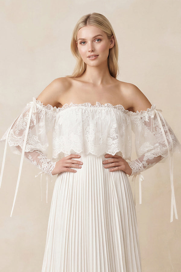 Off - the - Shoulder A - Line Pleated Appliqued Wedding Dress with Bow in Ivory - KissProm Wedding Dresses