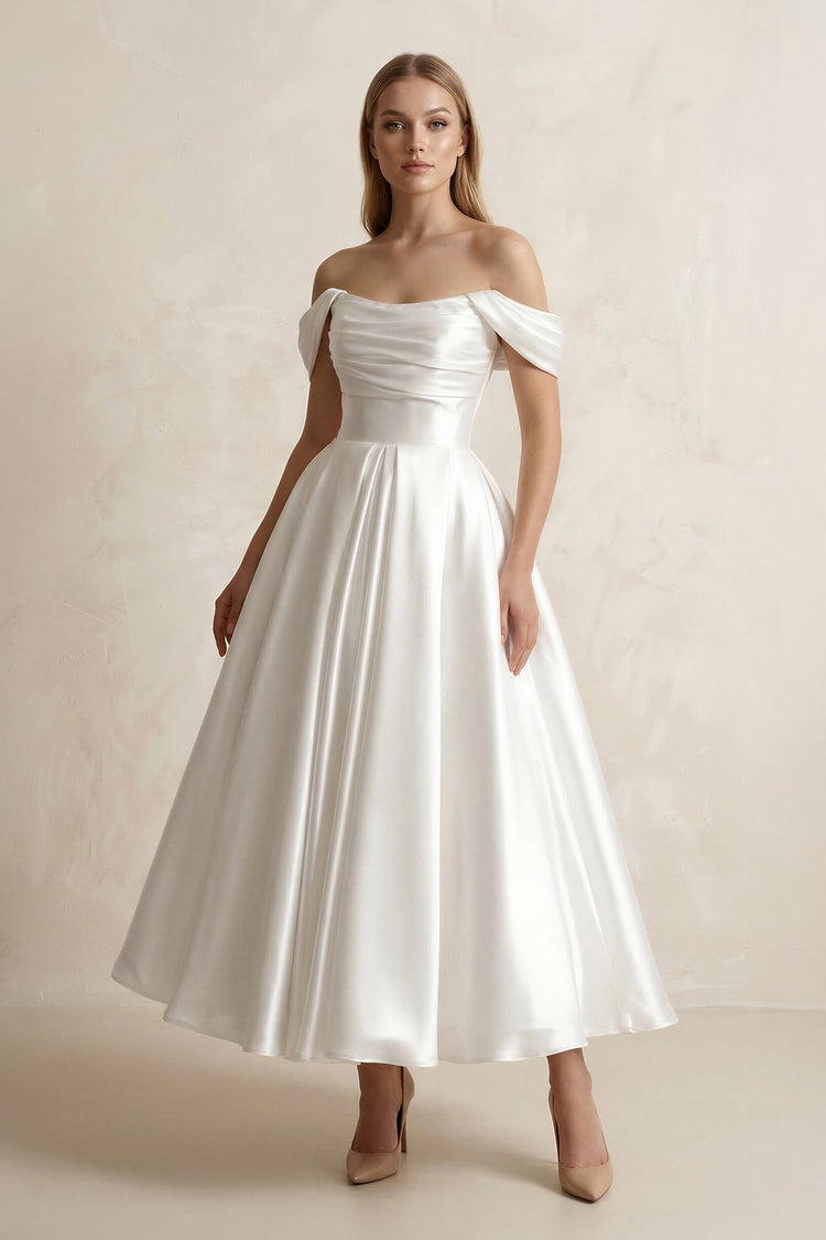 KissProm Off-the-Shoulder Ball-Gown Satin Midi Wedding Dress in White, White / 20