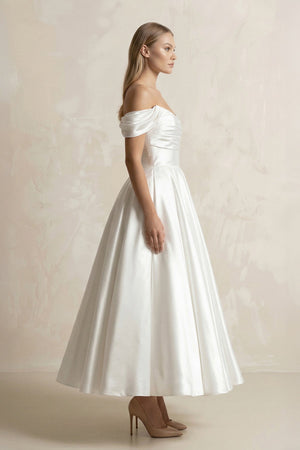 Off - the - Shoulder A - Line Satin Midi Wedding Dress in White - KissProm Wedding Dresses