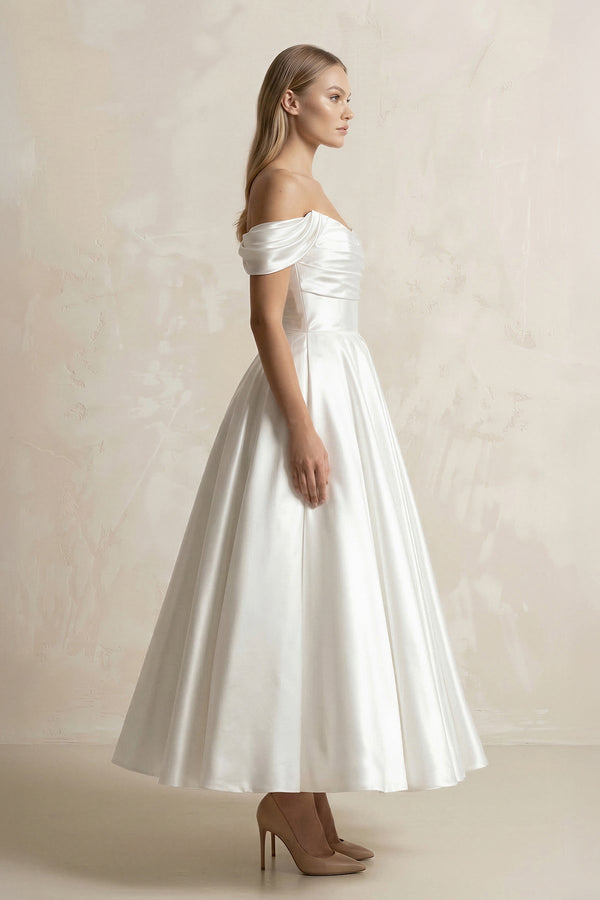Off - the - Shoulder A - Line Satin Midi Wedding Dress in White - KissProm Wedding Dresses