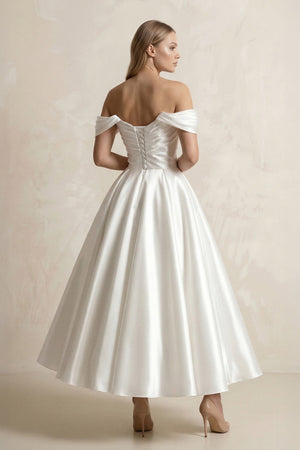 Off - the - Shoulder A - Line Satin Midi Wedding Dress in White - KissProm Wedding Dresses