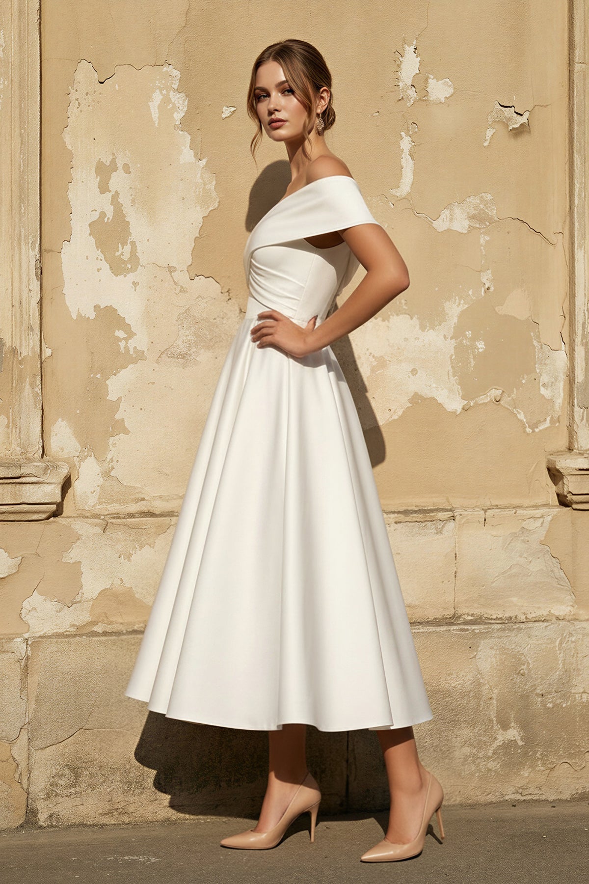 white off the shoulder tea length dress A-Line Satin Tea Length White Off the Shoulder Wedding Dress Diamond White / 0