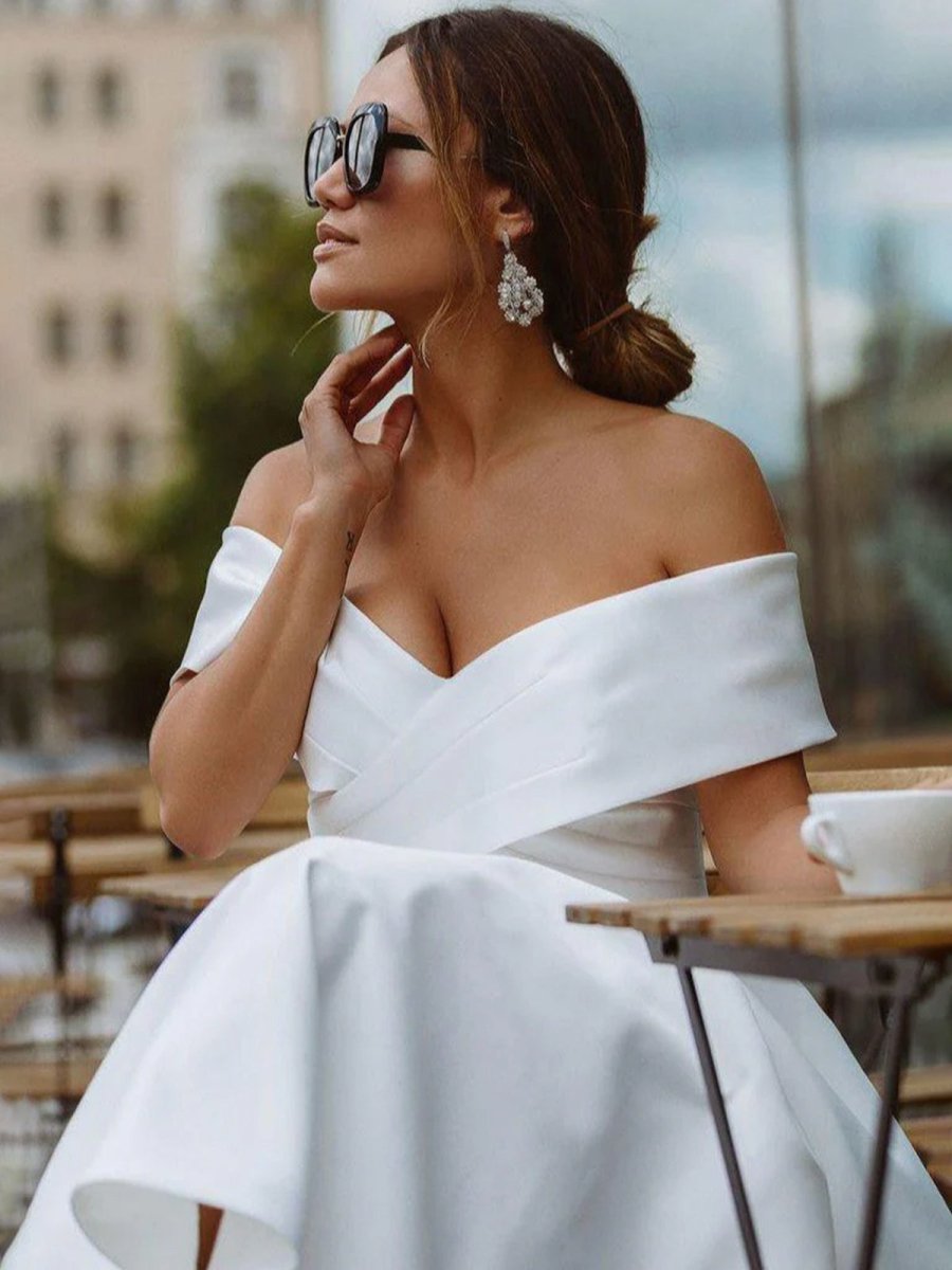 A-Line Satin Tea Length White Off the Shoulder Wedding Dress