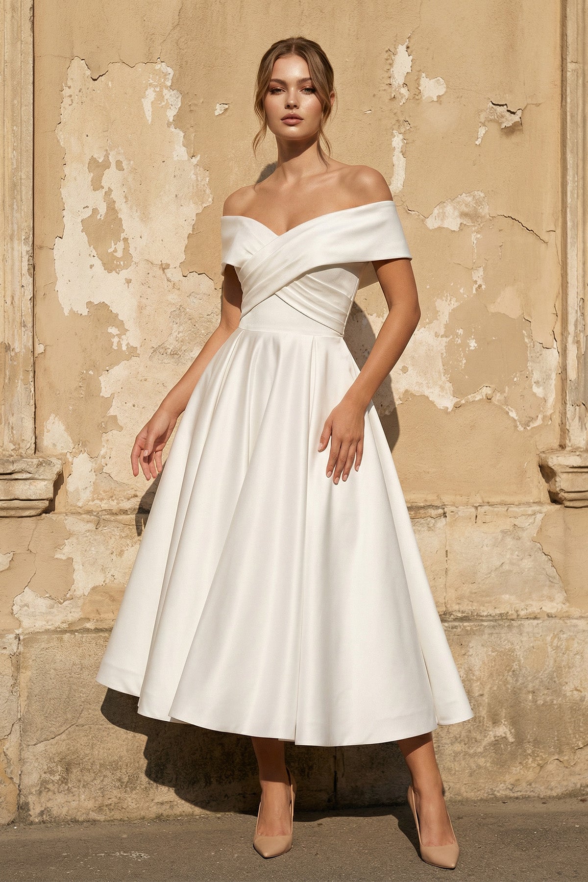 KissProm A-Line Satin Tea Length White Off the Shoulder Wedding Dress, Diamond White / Custom Size