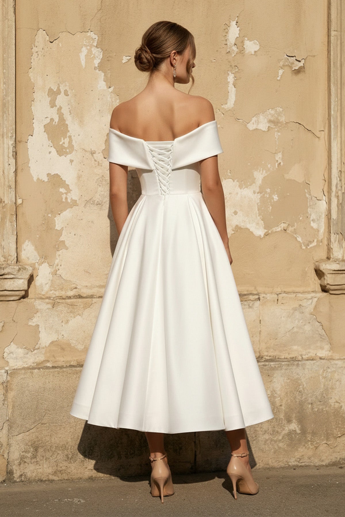 A-Line Satin Tea Length White Off the Shoulder Wedding Dress
