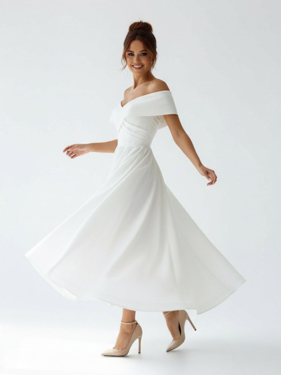 KissProm A-Line Satin Tea Length White Off the Shoulder Wedding Dress, Diamond White / Custom Size