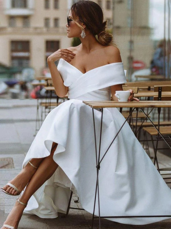 A - Line Satin Tea Length White Off the Shoulder Wedding Dress  – Wedding Dresses by KissProm | Available at KissProm