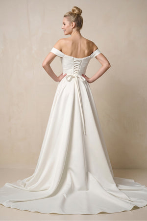 Off - the - Shoulder A - Line Satin Ruched Wedding Dress in White - KissProm Wedding Dresses
