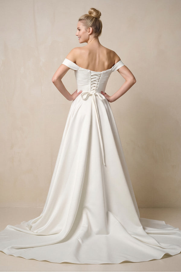 Off - the - Shoulder A - Line Satin Ruched Wedding Dress in White - KissProm Wedding Dresses