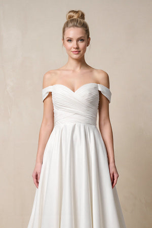 Off - the - Shoulder A - Line Satin Ruched Wedding Dress in White - KissProm Wedding Dresses