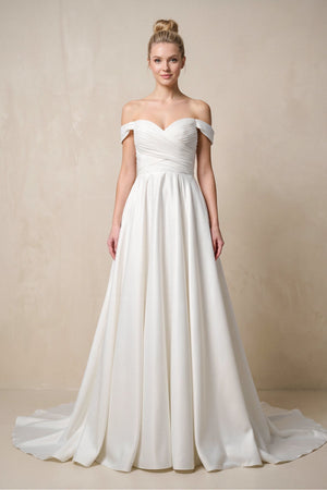 Off - the - Shoulder A - Line Satin Ruched Wedding Dress in White - KissProm Wedding Dresses