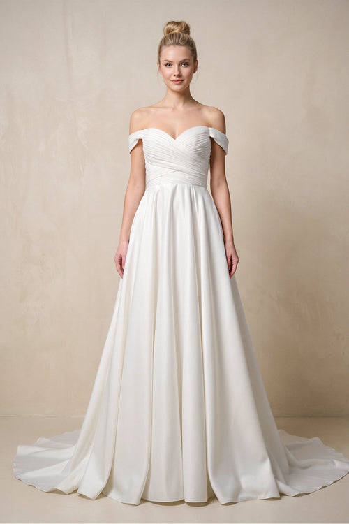 Off - the - Shoulder A - Line Satin Ruched Wedding Dress in White - KissProm Wedding Dresses