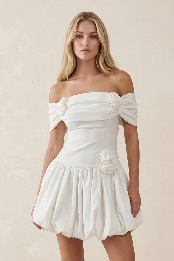 Off - the - Shoulder A - Line Satin Ruffled Mini Wedding Dress in White - KissProm Wedding Dresses