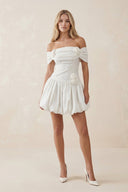Off - the - Shoulder A - Line Satin Ruffled Mini Wedding Dress in White - KissProm Wedding Dresses