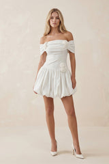 Off - the - Shoulder A - Line Satin Ruffled Mini Wedding Dress in White - KissProm Wedding Dresses