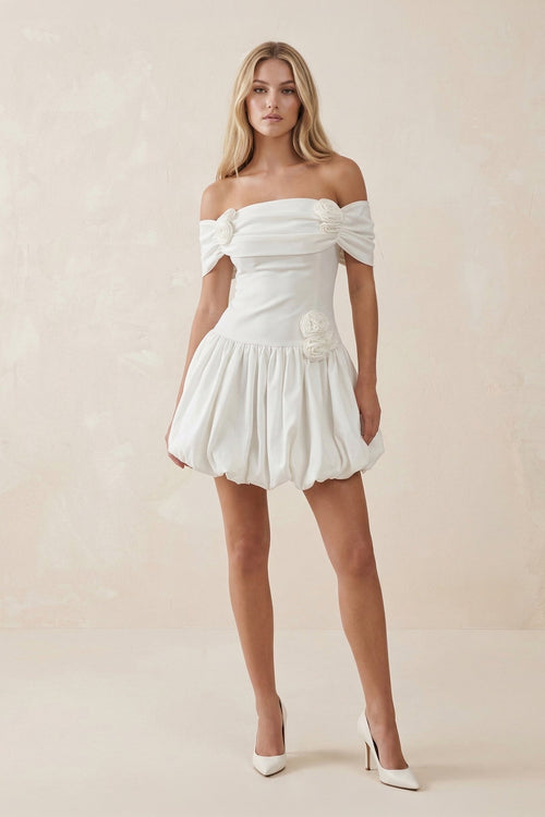 Off - the - Shoulder A - Line Satin Ruffled Mini Wedding Dress in White - KissProm Wedding Dresses