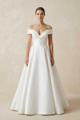 Off - the - shoulder A - Line Satin Wedding Dress - KissProm Wedding Dresses