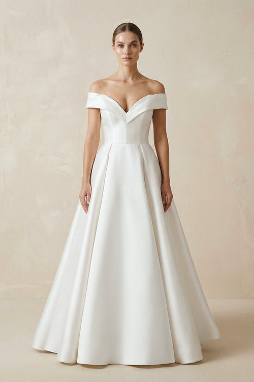 Off - the - shoulder A - Line Satin Wedding Dress - KissProm Wedding Dresses