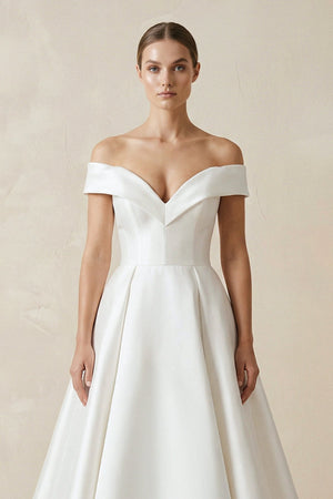 Off - the - shoulder A - Line Satin Wedding Dress - KissProm Wedding Dresses