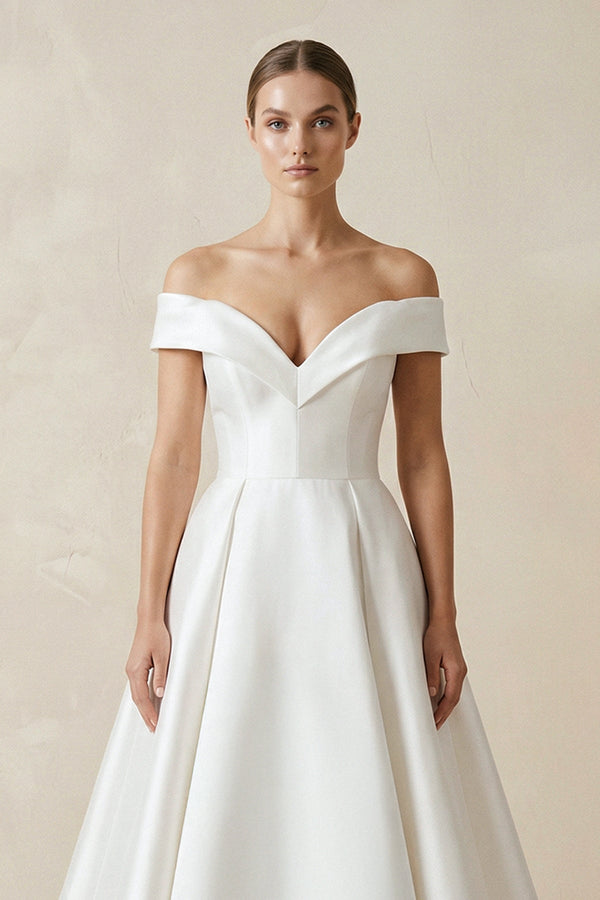 Off - the - shoulder A - Line Satin Wedding Dress - KissProm Wedding Dresses