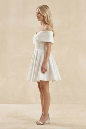 Off - the - Shoulder A - Line Satin Wedding Dress in Ivory - KissProm Wedding Dresses
