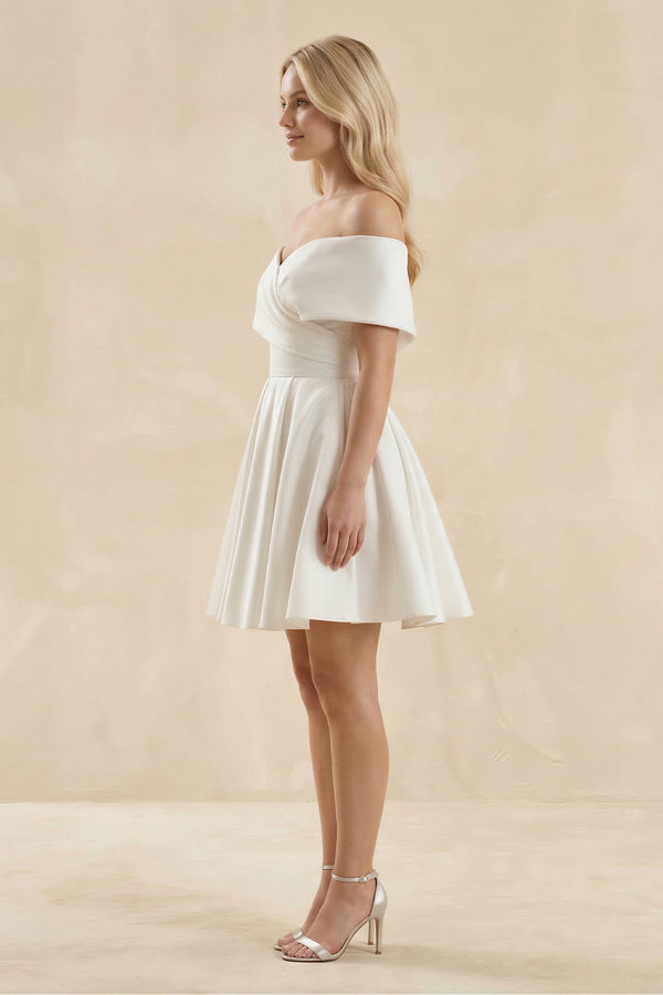 Off - the - Shoulder A - Line Satin Wedding Dress in Ivory - KissProm Wedding Dresses
