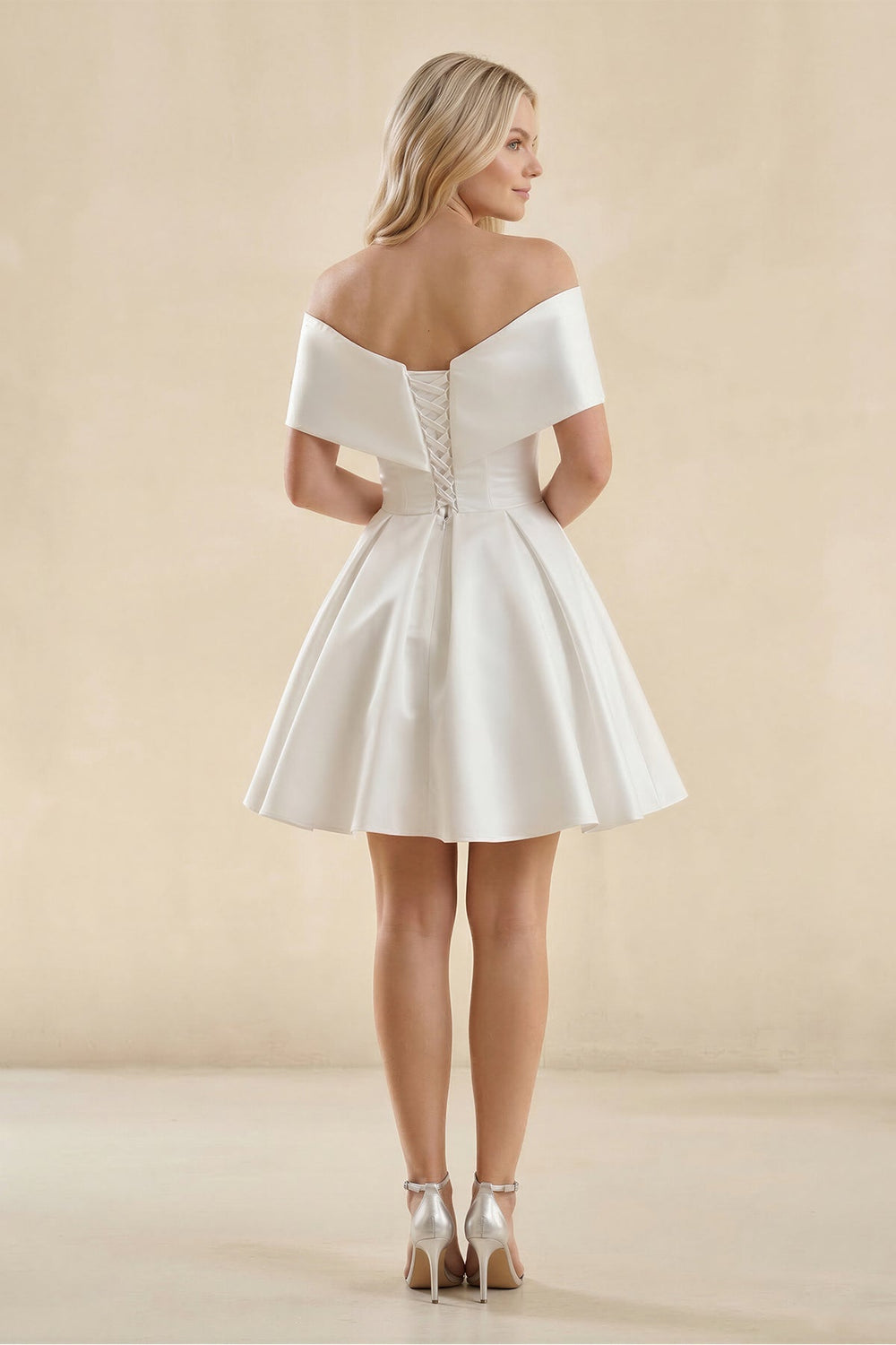 Off - the - Shoulder A - Line Satin Wedding Dress in Ivory - KissProm Wedding Dresses