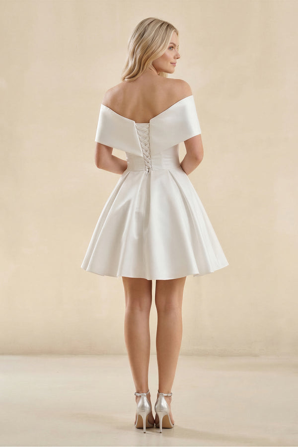 Off - the - Shoulder A - Line Satin Wedding Dress in Ivory - KissProm Wedding Dresses