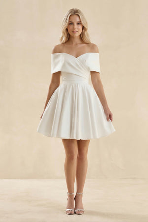 Off - the - Shoulder A - Line Satin Wedding Dress in Ivory - KissProm Wedding Dresses