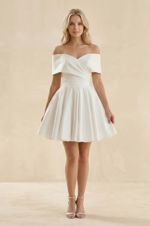 Off - the - Shoulder A - Line Satin Wedding Dress in Ivory - KissProm Wedding Dresses