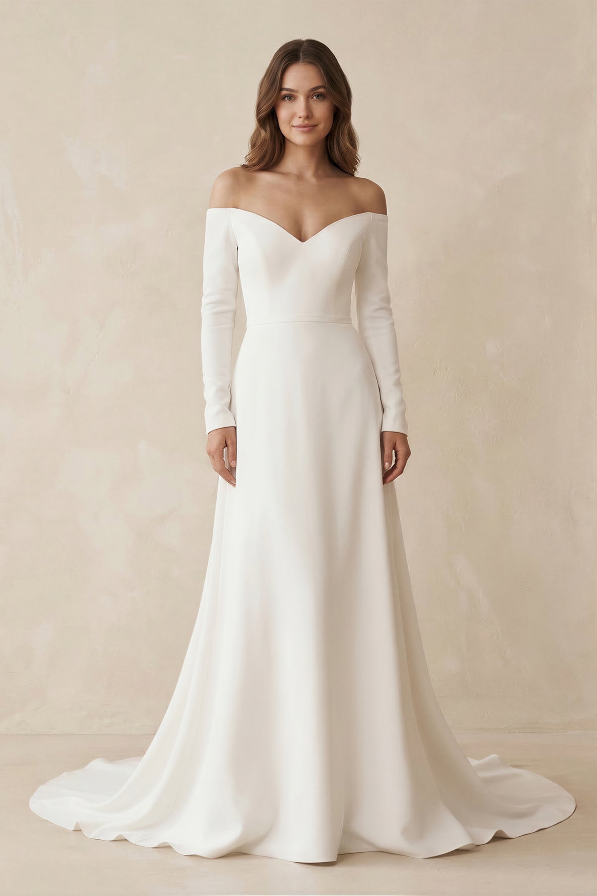 KissProm Simple A-Line Off the Shoulder Long Sleeves White Satin Wedding Dresses, Diamond White / Custom Size