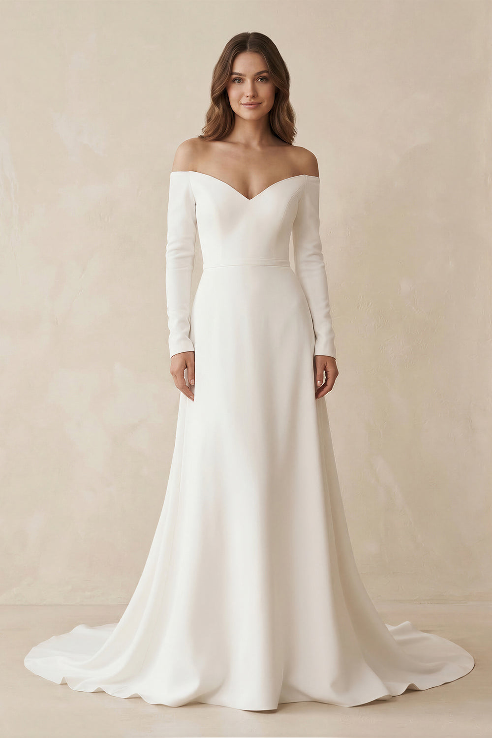 Simple A-Line Off the Shoulder Long Sleeves White Satin Wedding Dresses – Wedding Dresses by KissProm | Available at KissProm