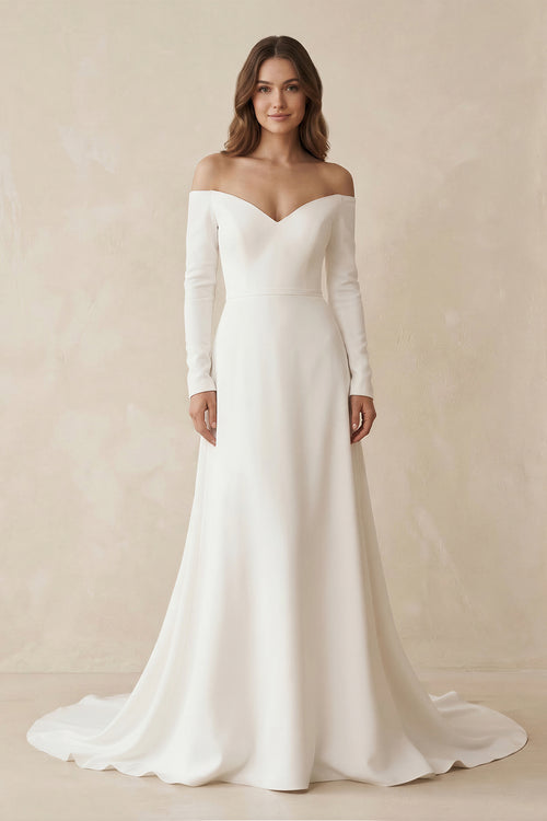 Simple A-Line Off the Shoulder Long Sleeves White Satin Wedding Dresses – Wedding Dresses by KissProm | Available at KissProm