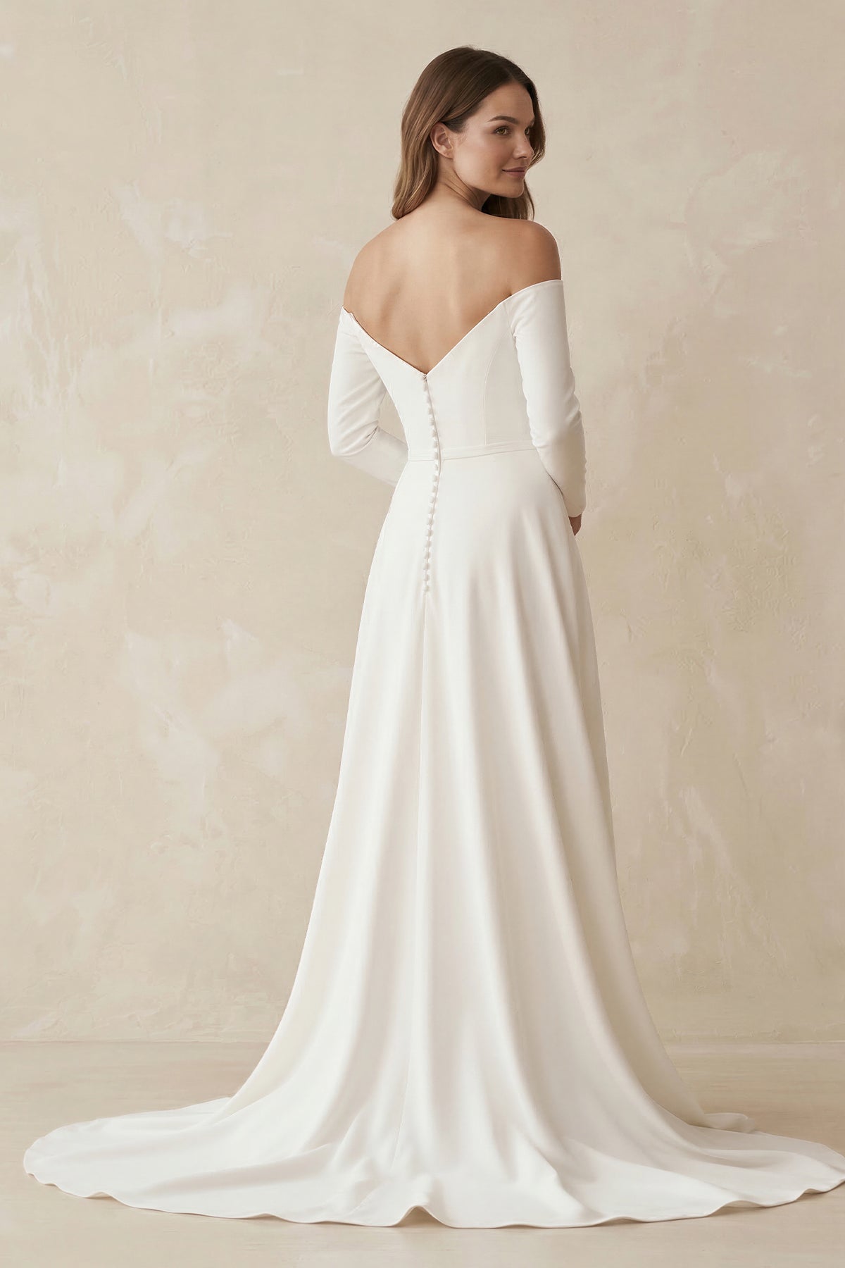 Simple A-Line Off the Shoulder Long Sleeves White Satin Wedding Dresses, Diamond White / Custom Size Simple A-Line Off the Shoulder Long Sleeves White Satin Wedding Dresses, Diamond White / Custom Size