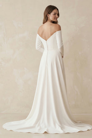 Simple A-Line Off the Shoulder Long Sleeves White Satin Wedding Dresses – Wedding Dresses by KissProm | Available at KissProm