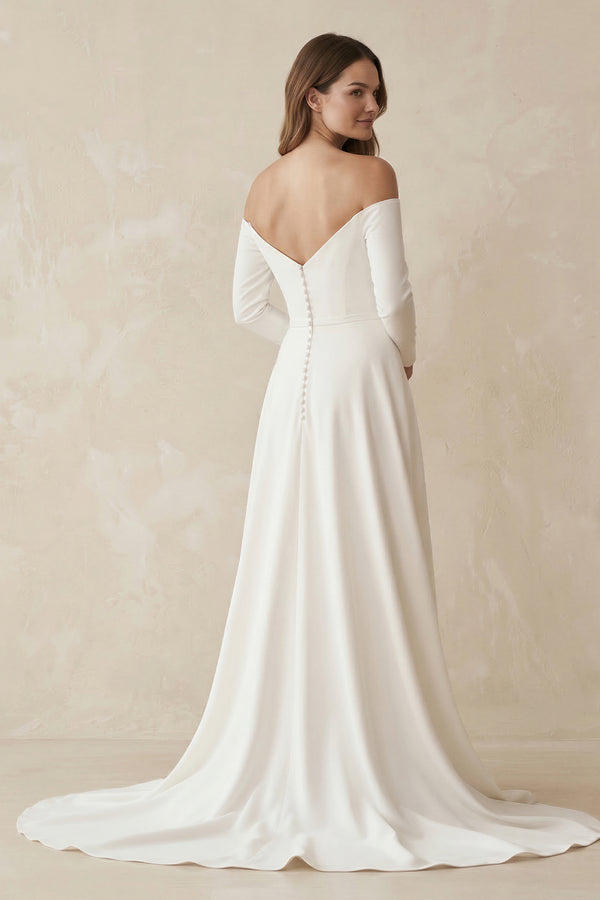 Simple A-Line Off the Shoulder Long Sleeves White Satin Wedding Dresses – Wedding Dresses by KissProm | Available at KissProm